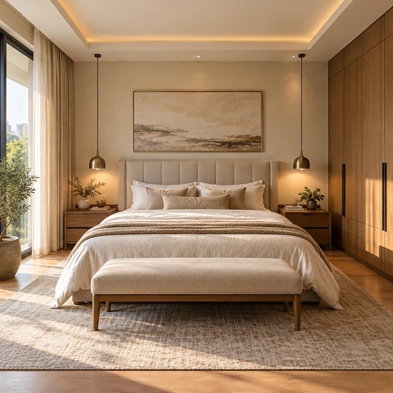 Neutral bedroom with a linen headboard and oak bedside tables