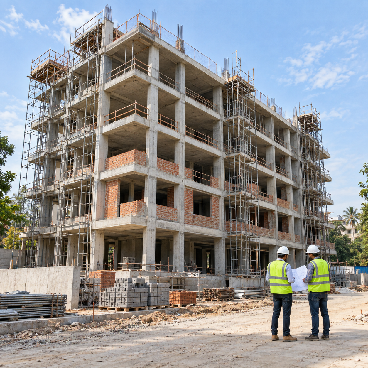 Construction concept showing site engineers reviewing plans beside a concrete and brick building