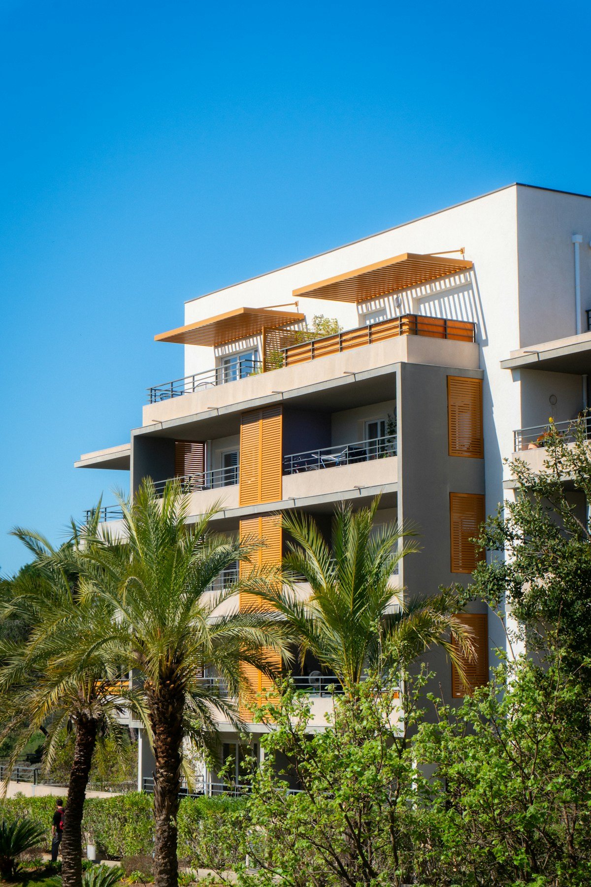 Sunlit contemporary apartments with warm wood shutters, balconies, and landscaped palm trees