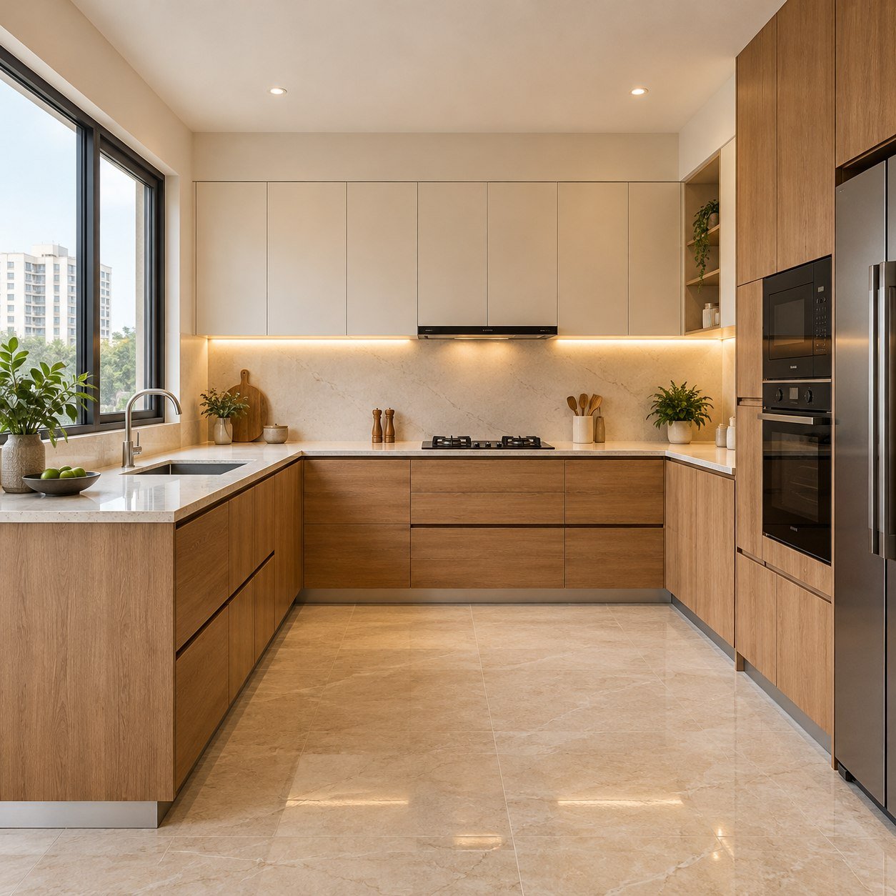 Oak and ivory modular kitchen with stone worktops
