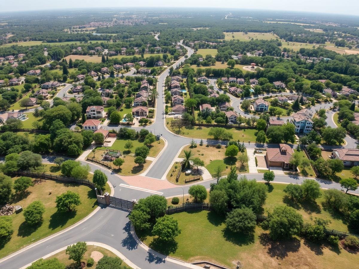 Tree-lined roads through a residential community