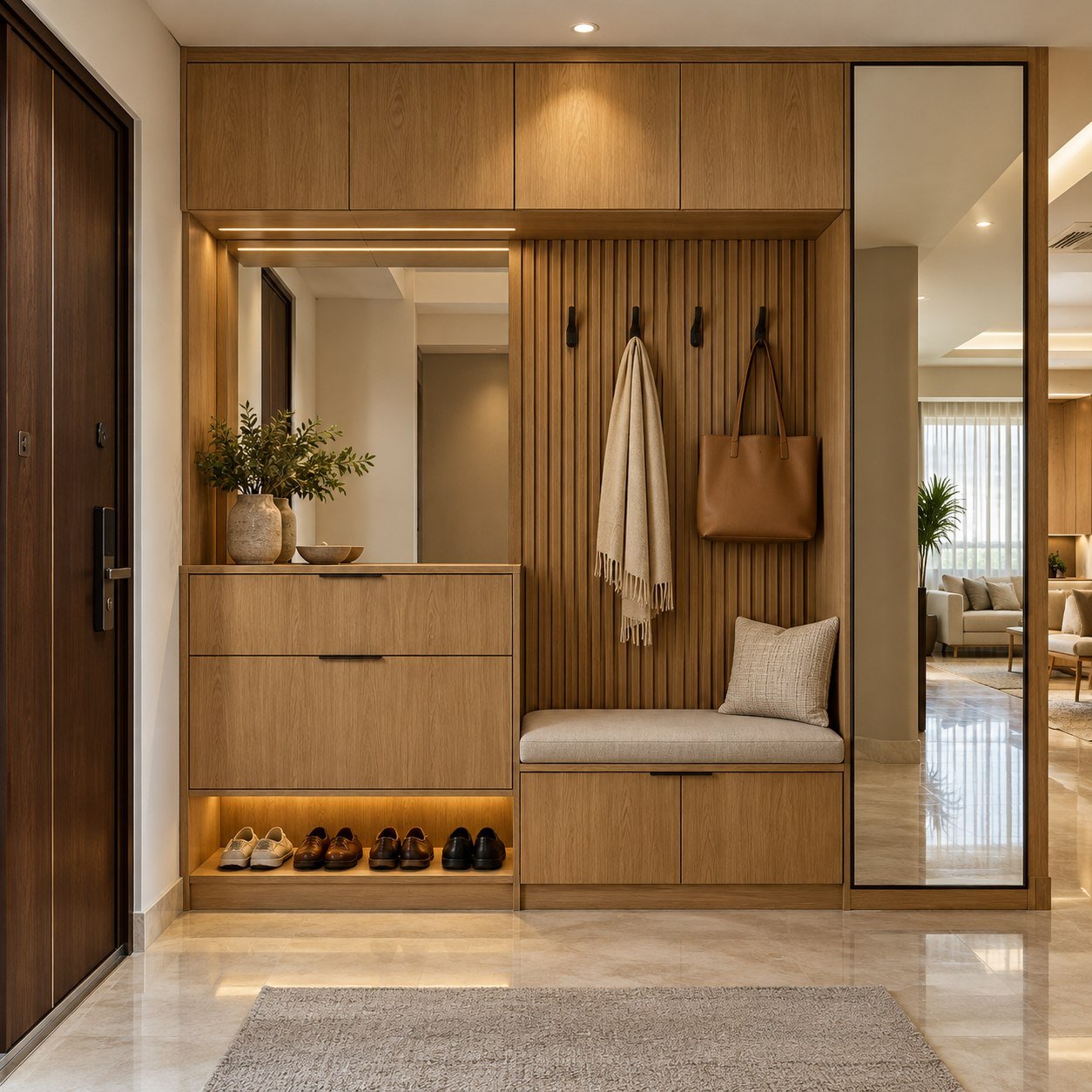 Foyer with shoe storage, a bench and a mirror