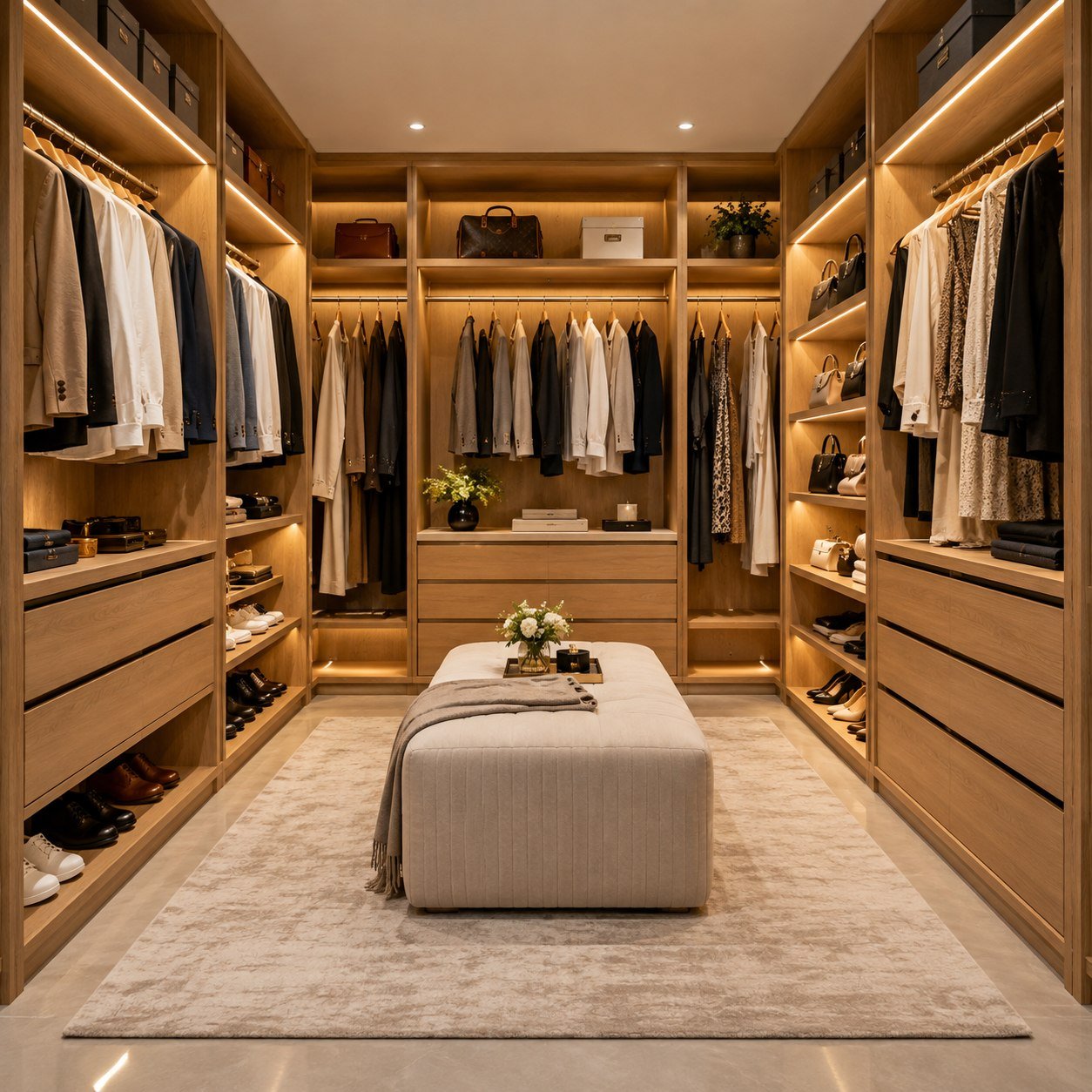 Walk-in wardrobe with organised rails, drawers and shelves