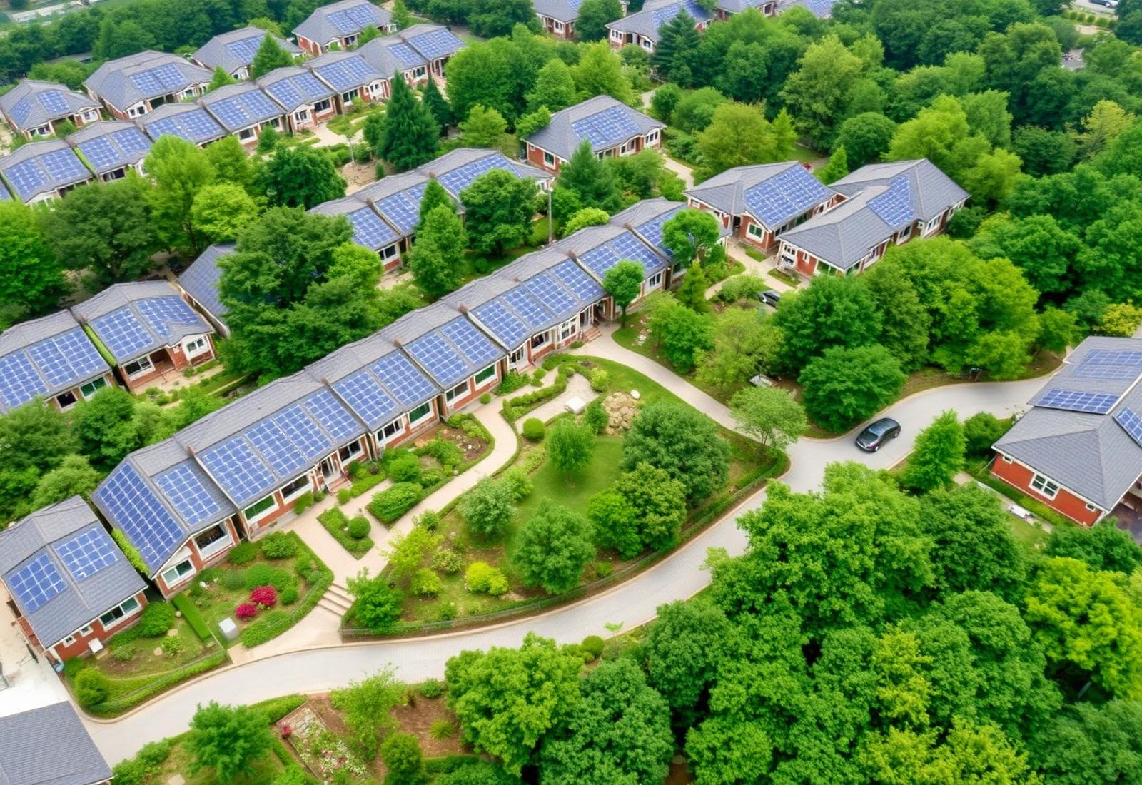 Sustainable landscaped Fortuners community with lush green pathways